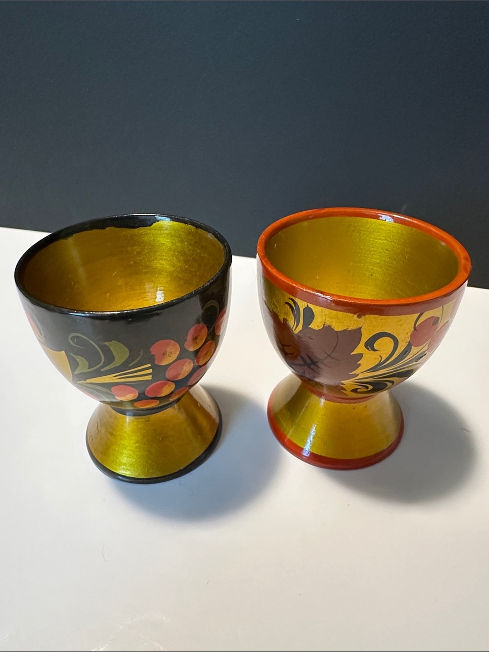Hand-Painted Khokhloma-Style Wooden Egg Cups - Gold, Black & Red
